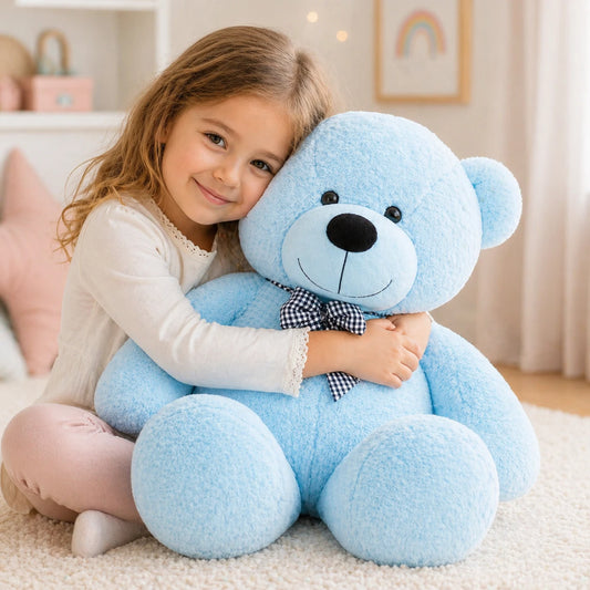 ours en peluche géant bleu avec enfant qui le serre dans ses bras jouet doux pour bébé et enfant décoration chambre