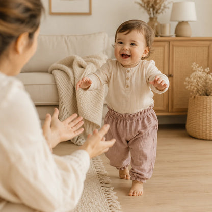 Bébé faisant ses premiers pas avec un pantalon rose en gaze de coton.