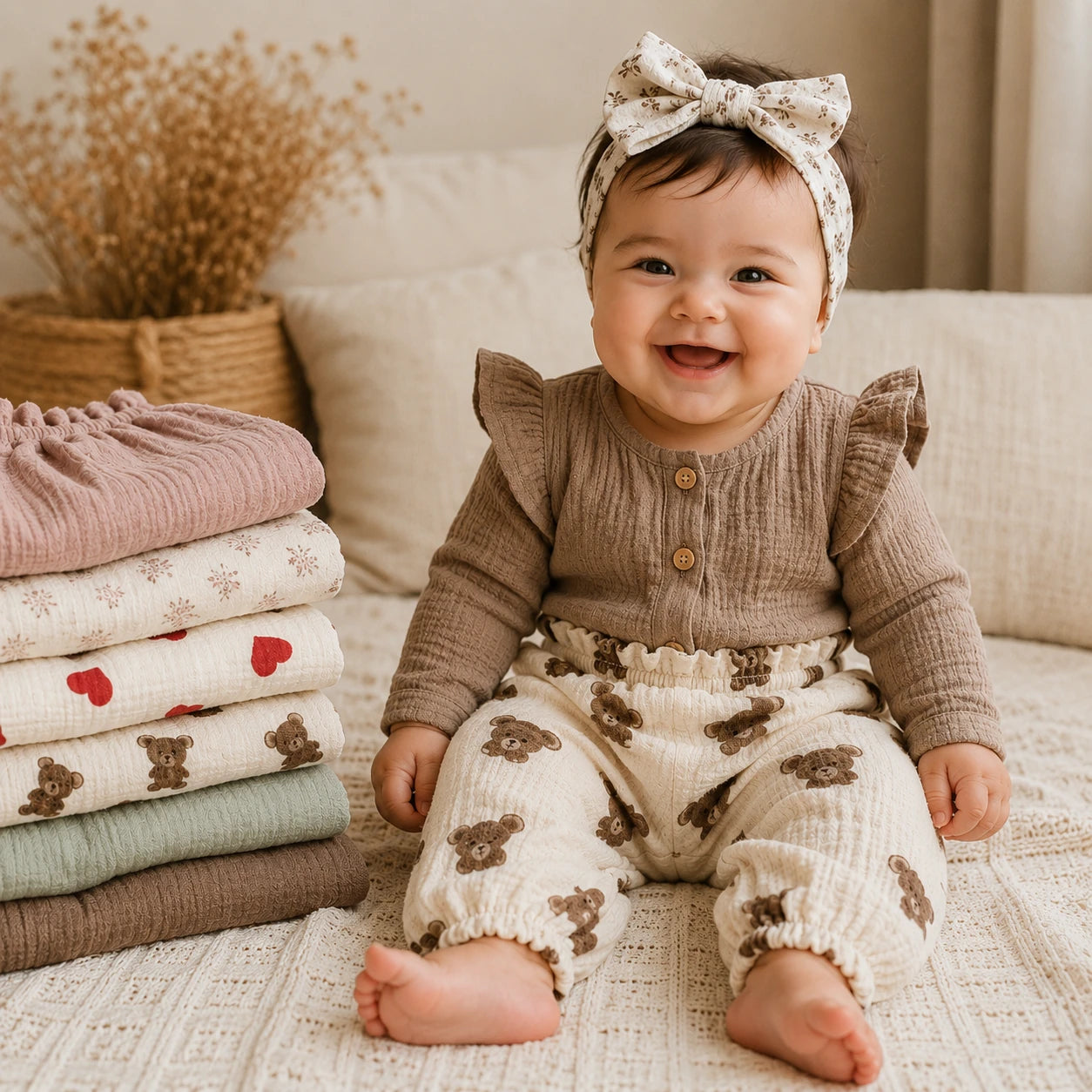 Bébé portant un pantalon bébé oursons en gaze de coton avec la collection de pantalons.