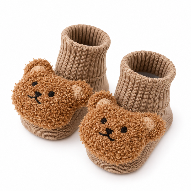 Pantoufles bébé beiges en maille avec motif ours doux