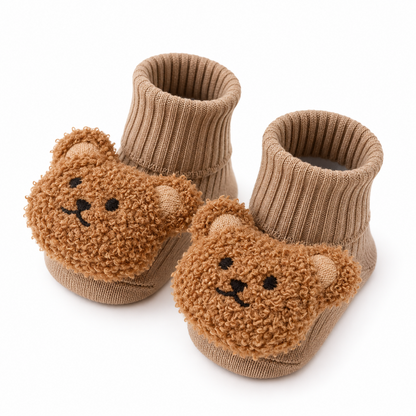 Pantoufles bébé beiges en maille avec motif ours doux