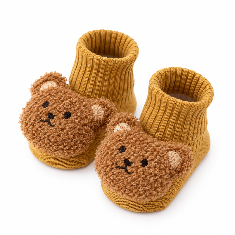 Pantoufles bébé moutarde en maille avec motif ours doux