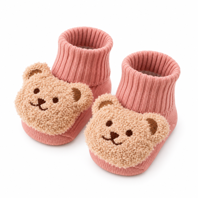 Pantoufles bébé roses en maille avec motif ours doux