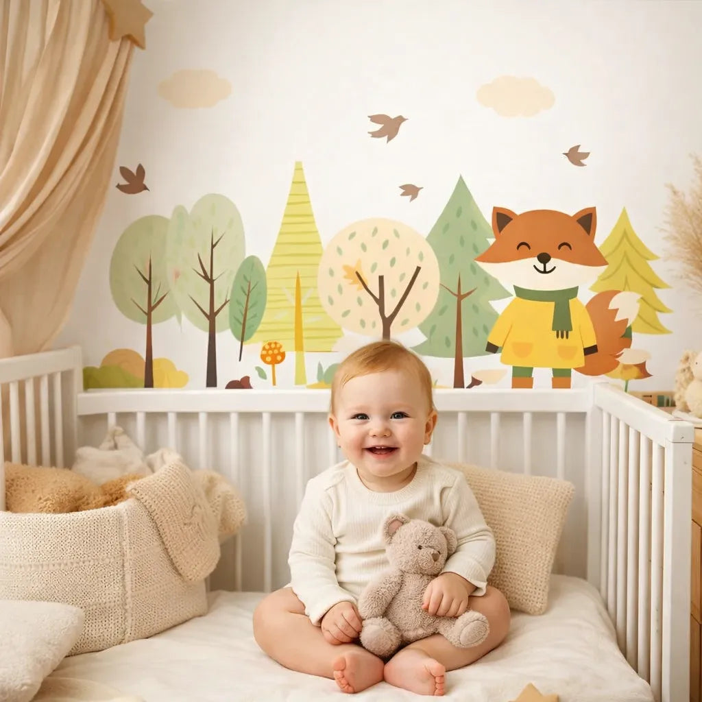 Papier peint bébé renard forêt dans chambre bébé avec décoration nordique et bébé souriant ambiance douce et chaleureuse