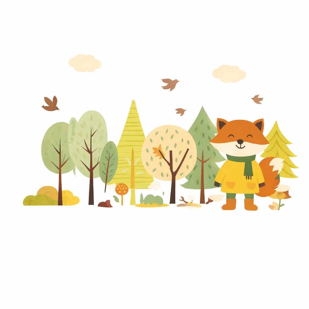 Papier peint bébé renard dans forêt décor enfant style nordique avec arbres et animaux mignons pour chambre bébé