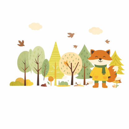 Papier peint bébé renard dans forêt décor enfant style nordique avec arbres et animaux mignons pour chambre bébé