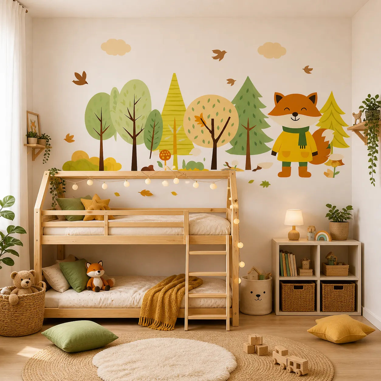 papier peint renard forêt chambre bébé décoration murale chambre enfant avec lit bois