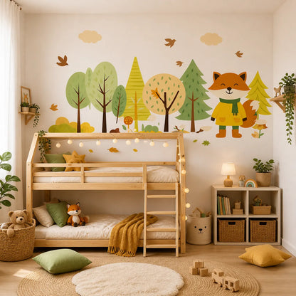 papier peint renard forêt chambre bébé décoration murale chambre enfant avec lit bois