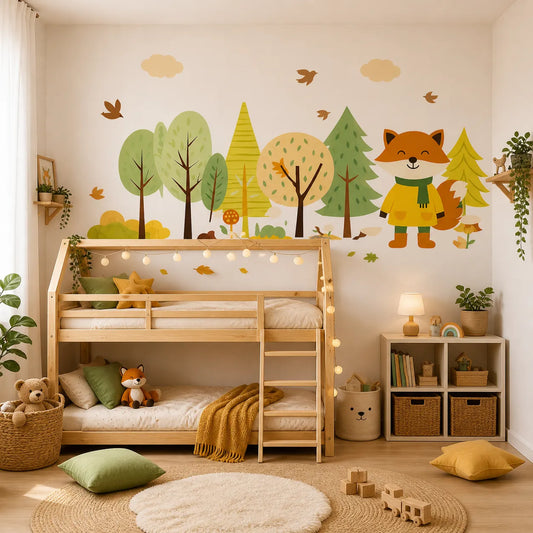 papier peint renard forêt chambre bébé décoration murale chambre enfant avec lit bois