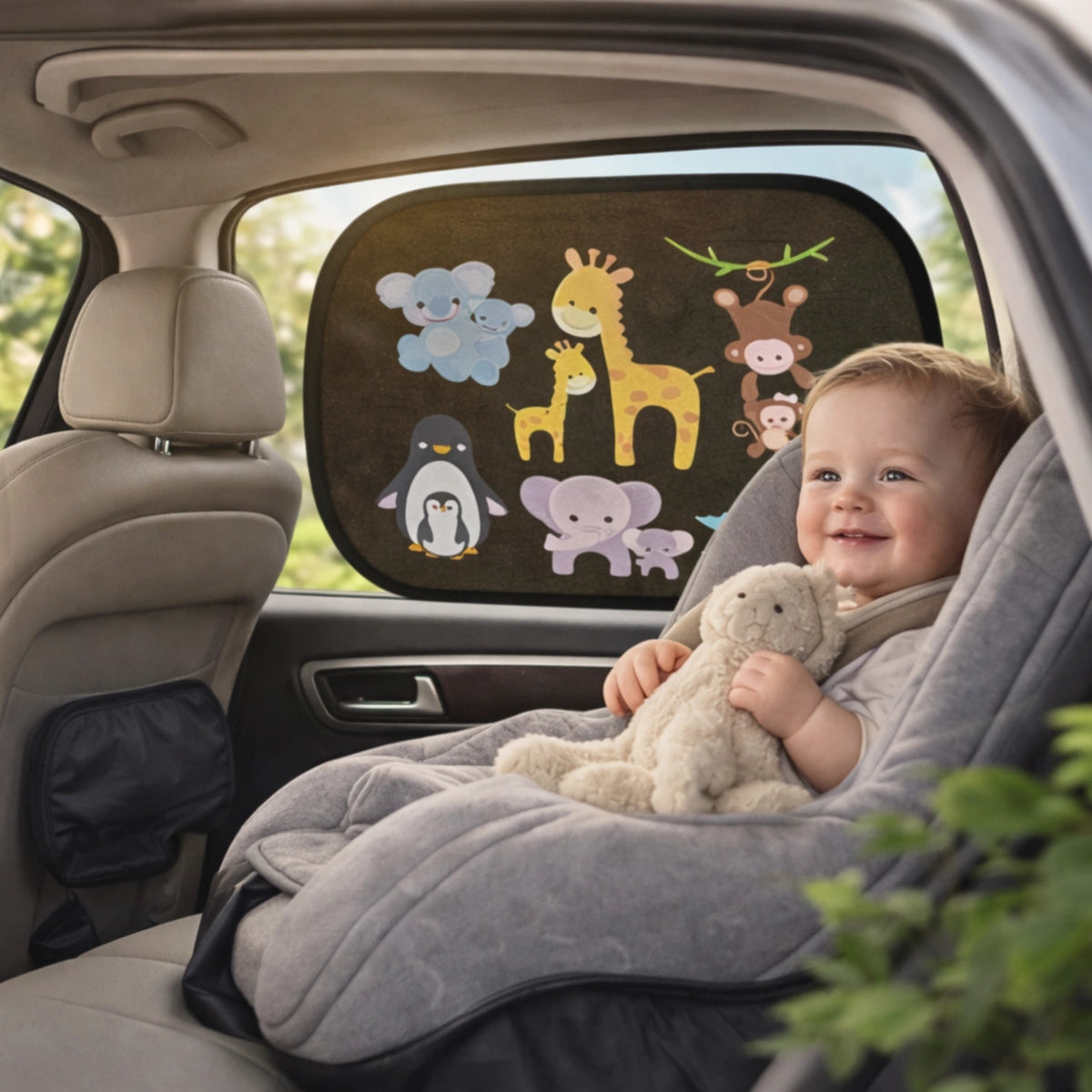 Bébé souriant confortablement installé en voiture avec pare-soleil bébé anti-UV