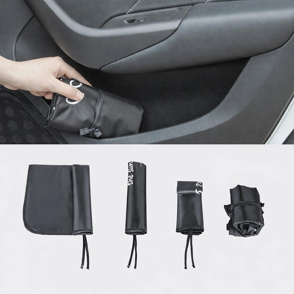 Pare-soleil voiture bébé pliable avec rangement compact dans portière de voiture