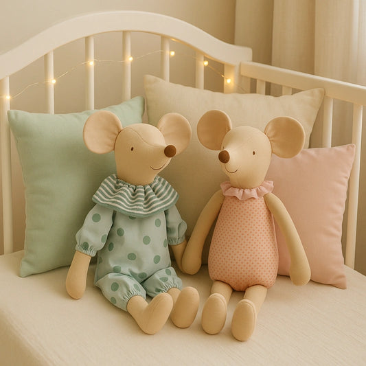 Deux peluches souris en coton assises sur une couchette, jouet doux pour bébé