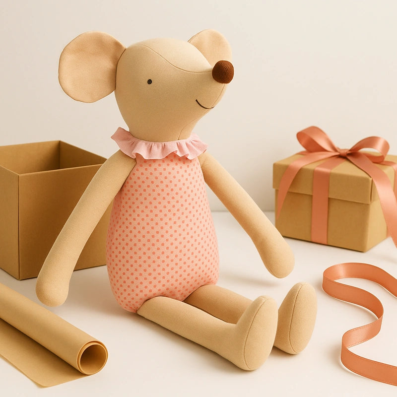 Peluche souris rose à pois présentée comme idée cadeau avec boîte et ruban