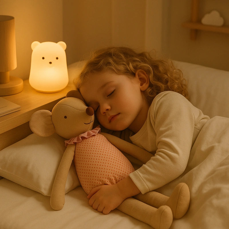 Enfant dormant dans son lit avec peluche souris rose en coton comme doudou