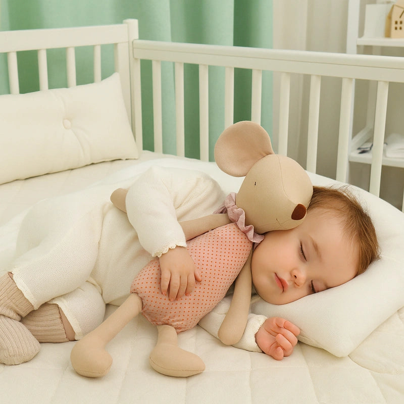Bébé endormi dans son berceau câlinant peluche souris rose en coton
