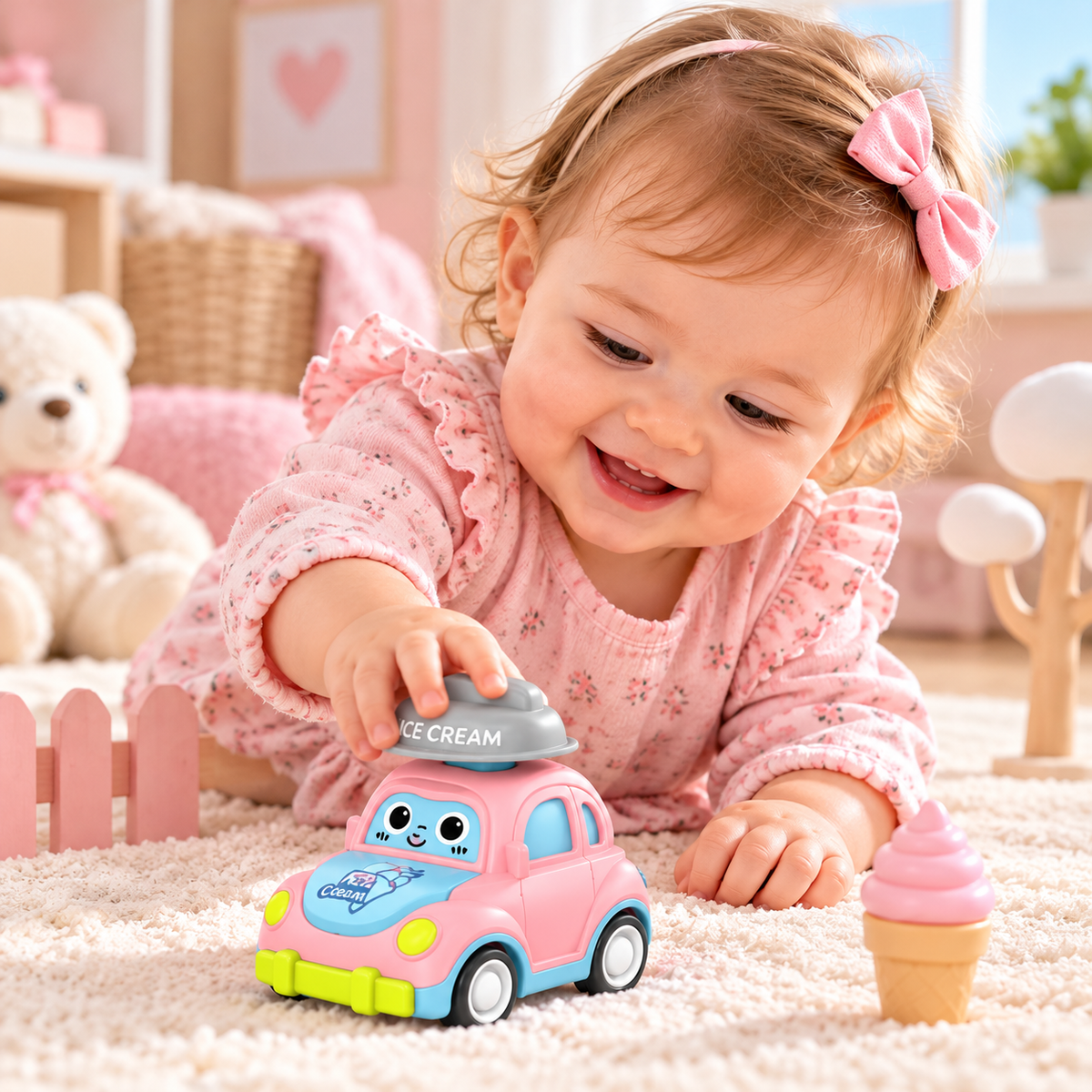 Petite fille souriante appuyant sur le bouton d'une voiture jouet rose et bleue en forme de glace dans sa chambre