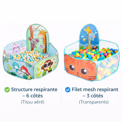 Comparatif piscine à balles enfant structure respirante 6 côtés et filet mesh respirant 3 côtés avec balles colorées aire de jeu bébé intérieure