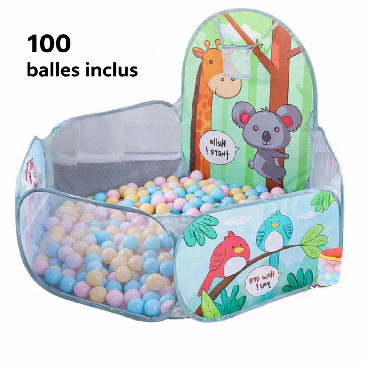 Parc piscine à balles bébé motif animaux bleu avec côtés en mesh, aire de jeu pliable pour enfant avec balles pastel