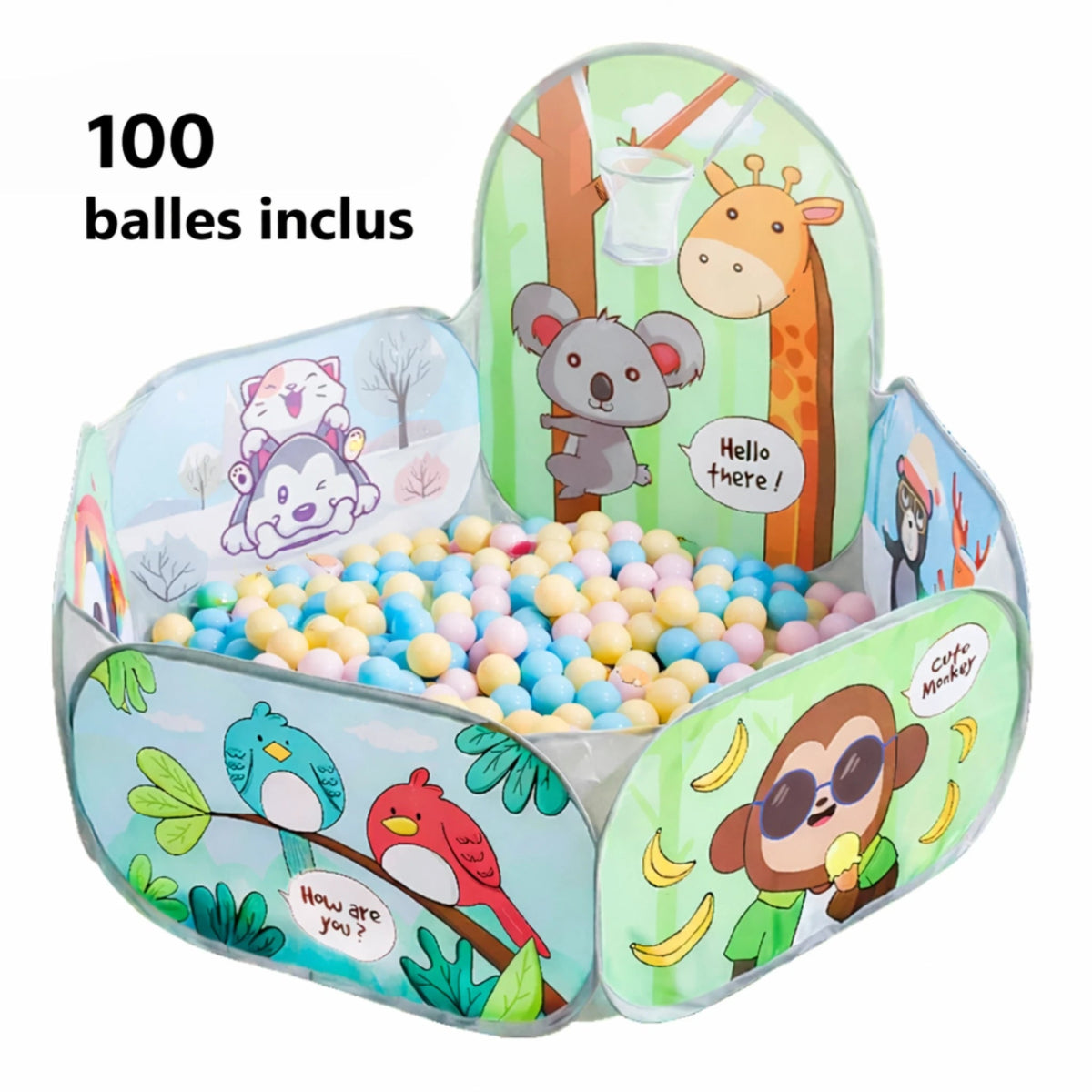 Piscine à balles bébé pliable motif animaux avec panier de basket intégré, parc de jeu sensoriel enfant design girafe et koala