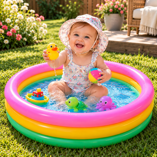 Bébé souriant avec un chapeau de soleil, jouant avec un canard jaune dans une petite piscine gonflable multicolore installée dans un jardin fleuri