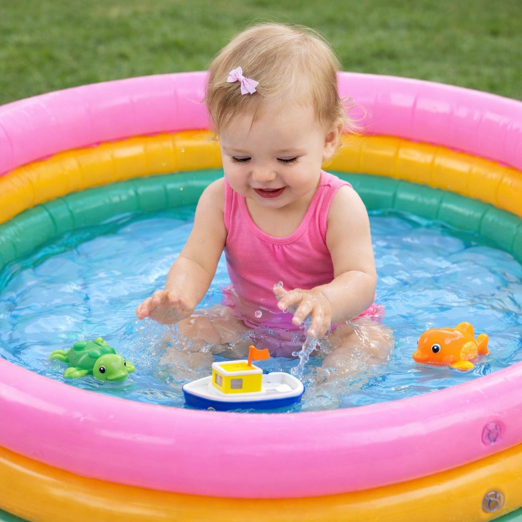 bébé fille jouant dans piscine gonflable pastel avec jouets bateau et jouets flottants – piscine bébé été