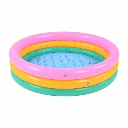 Piscine gonflable enfant ronde 3 anneaux couleurs pastel rose jaune vert avec fond gonflable bleu pour jeu extérieur été