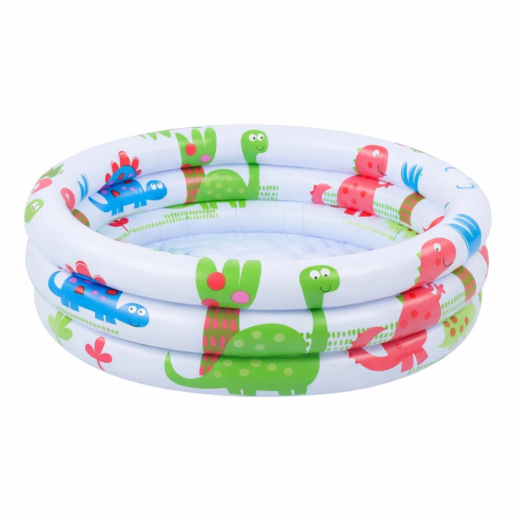 Piscine gonflable enfant ronde motif dinosaures colorés fond blanc avec base gonflable pour jeu extérieur été