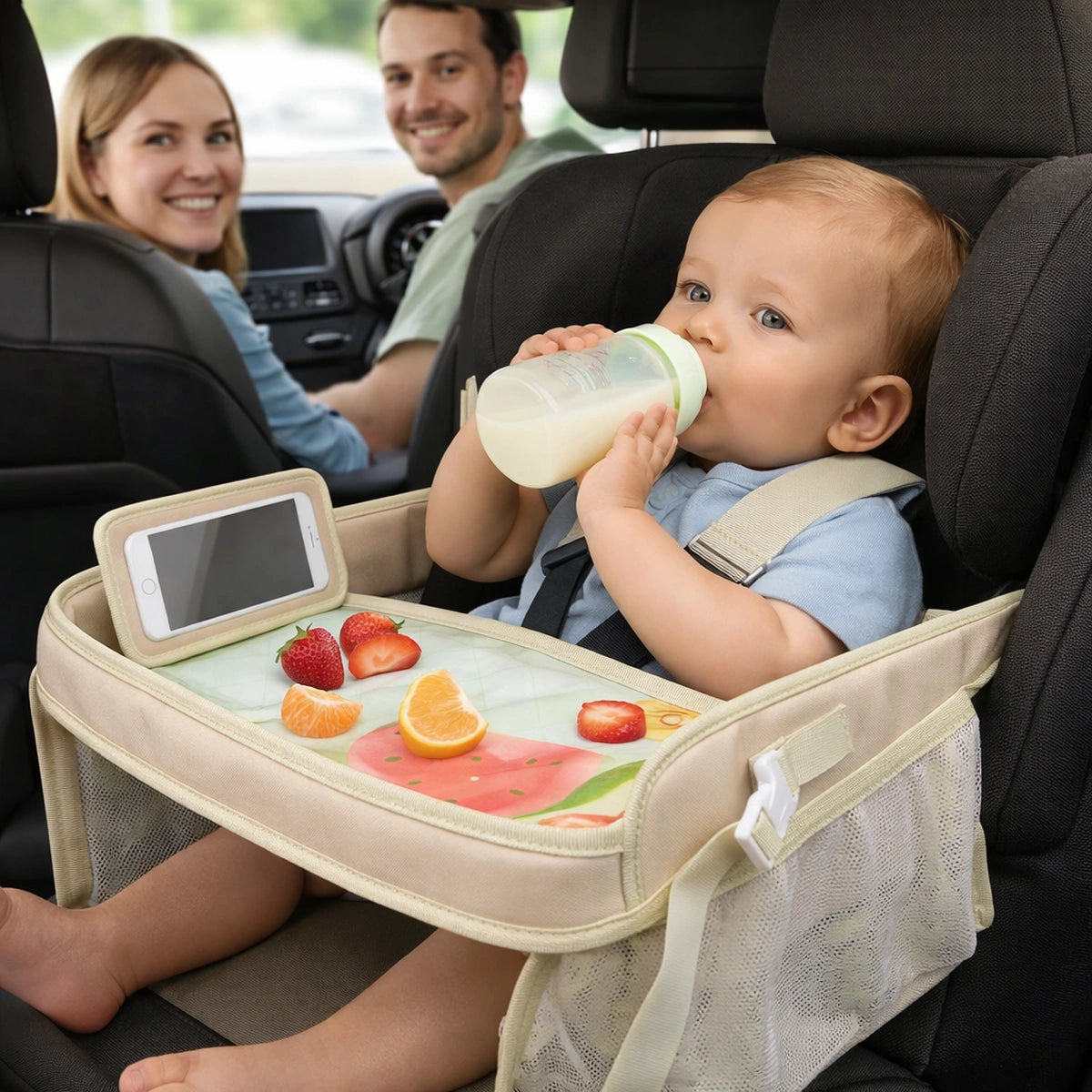 Bébé buvant son lait dans la voiture avec plateau de voyage enfant sécurisé