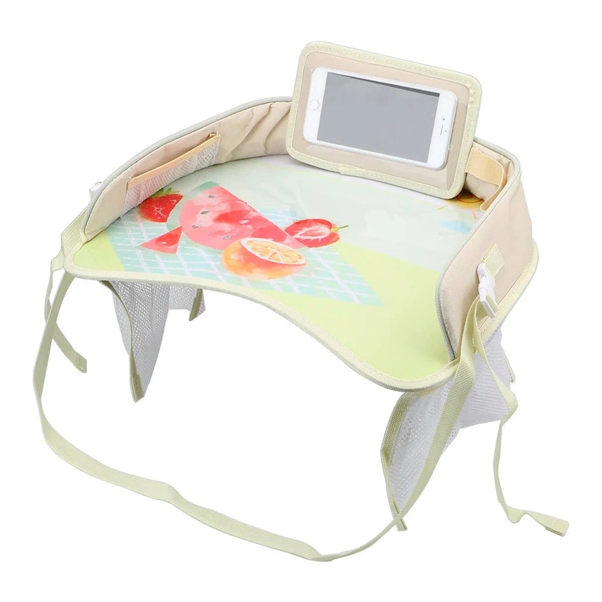 plateau de voyage enfant pour voiture beige avec support tablette et poches de rangement