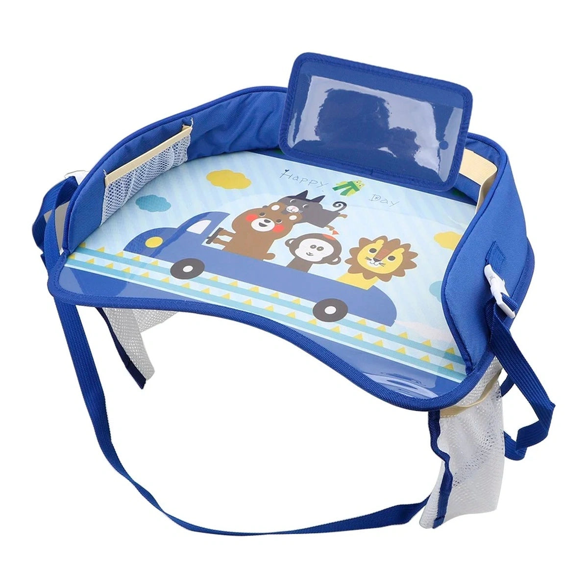 plateau de voyage enfant pour voiture bleu avec support tablette et poches de rangement