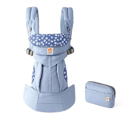 Porte bébé ergonomique bleu clair motif fleurs avec assise physiologique et maintien sécurisé pour bébé