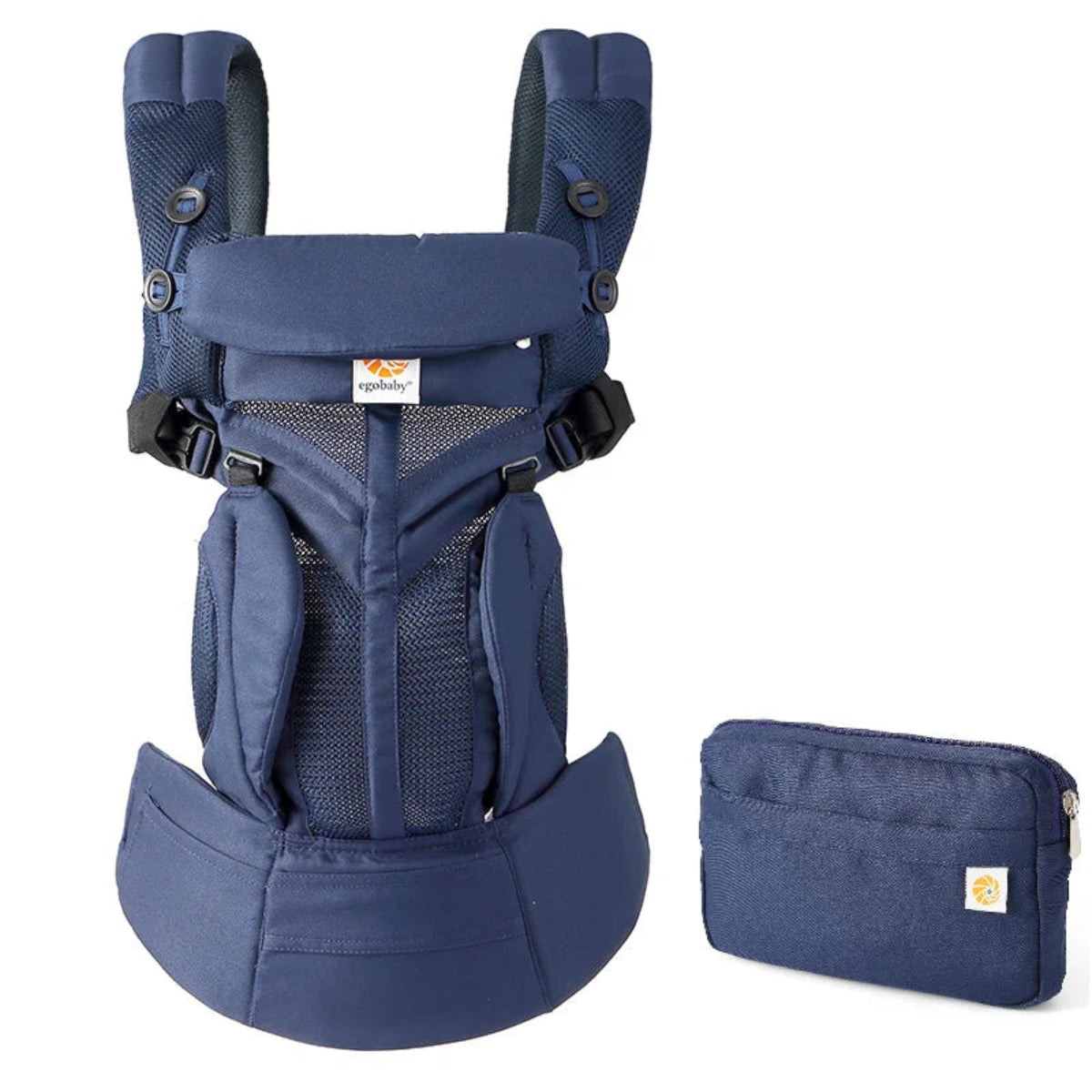 Porte bébé ergonomique bleu foncé avec maille respirante et soutien optimal pour confort parent et bébé