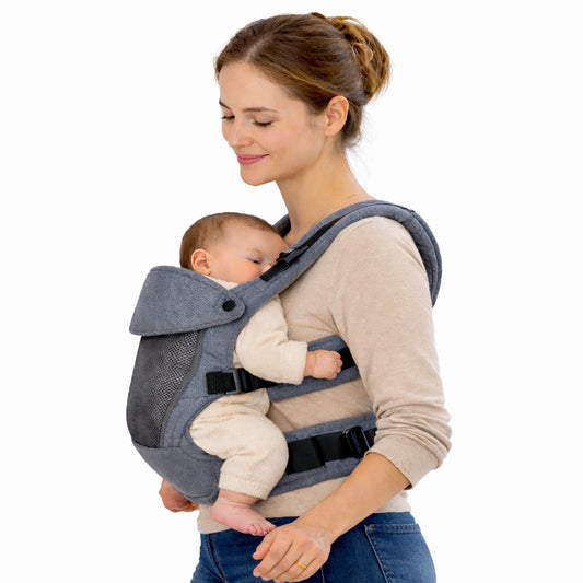 porte bebe ergonomique gris portage physiologique maman portant bebe nouveau ne confortable soutien dos ajustable