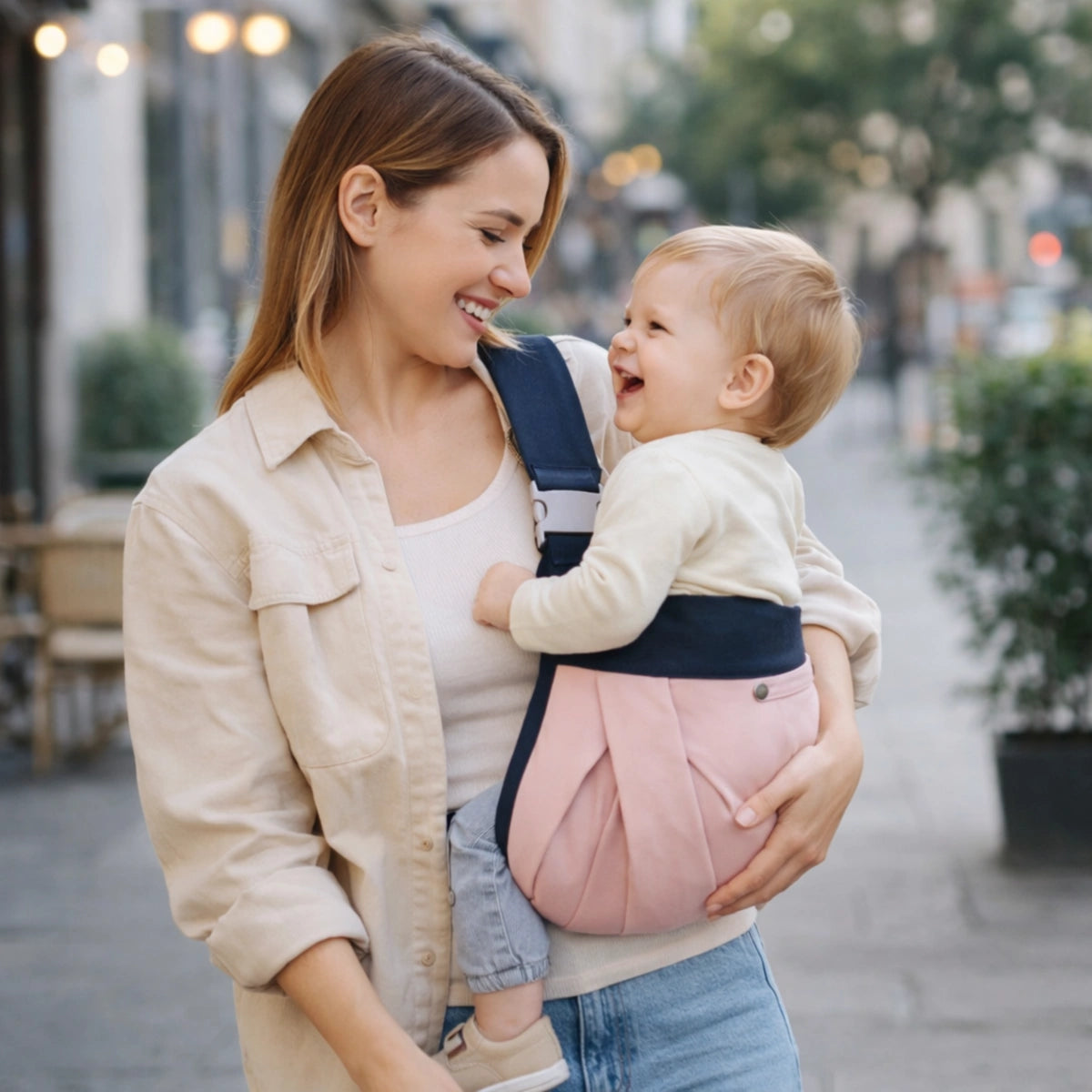 Maman portant bébé avec porte-bébé ergonomique rose portage physiologique sécurisé utilisation quotidienne extérieur