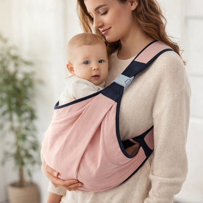 Porte-bébé ergonomique physiologique rose portage ventral bébé maintien naturel confort parent intérieur maison