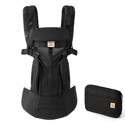 Porte bébé ergonomique noir respirant avec ceinture renforcée et pochette pratique pour sorties bébé