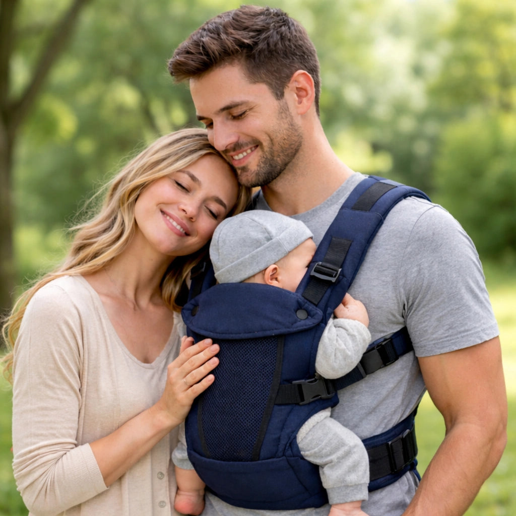 porte bebe ergonomique physiologique avec parents en exterieur portage confortable bebe position naturelle maintien securise s
