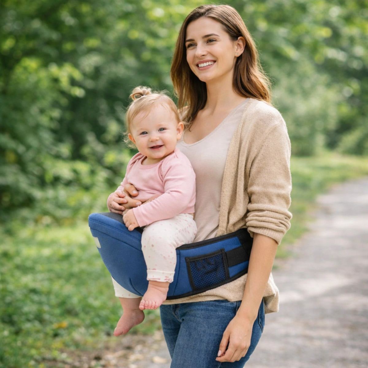 Porte bébé hanche bleu confortable utilisé par une maman en promenade avec son bébé