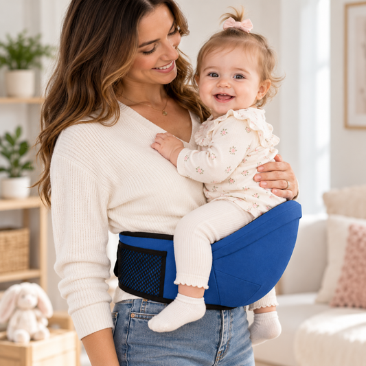 Maman portant son bébé avec un porte-bébé de hanche ergonomique bleu