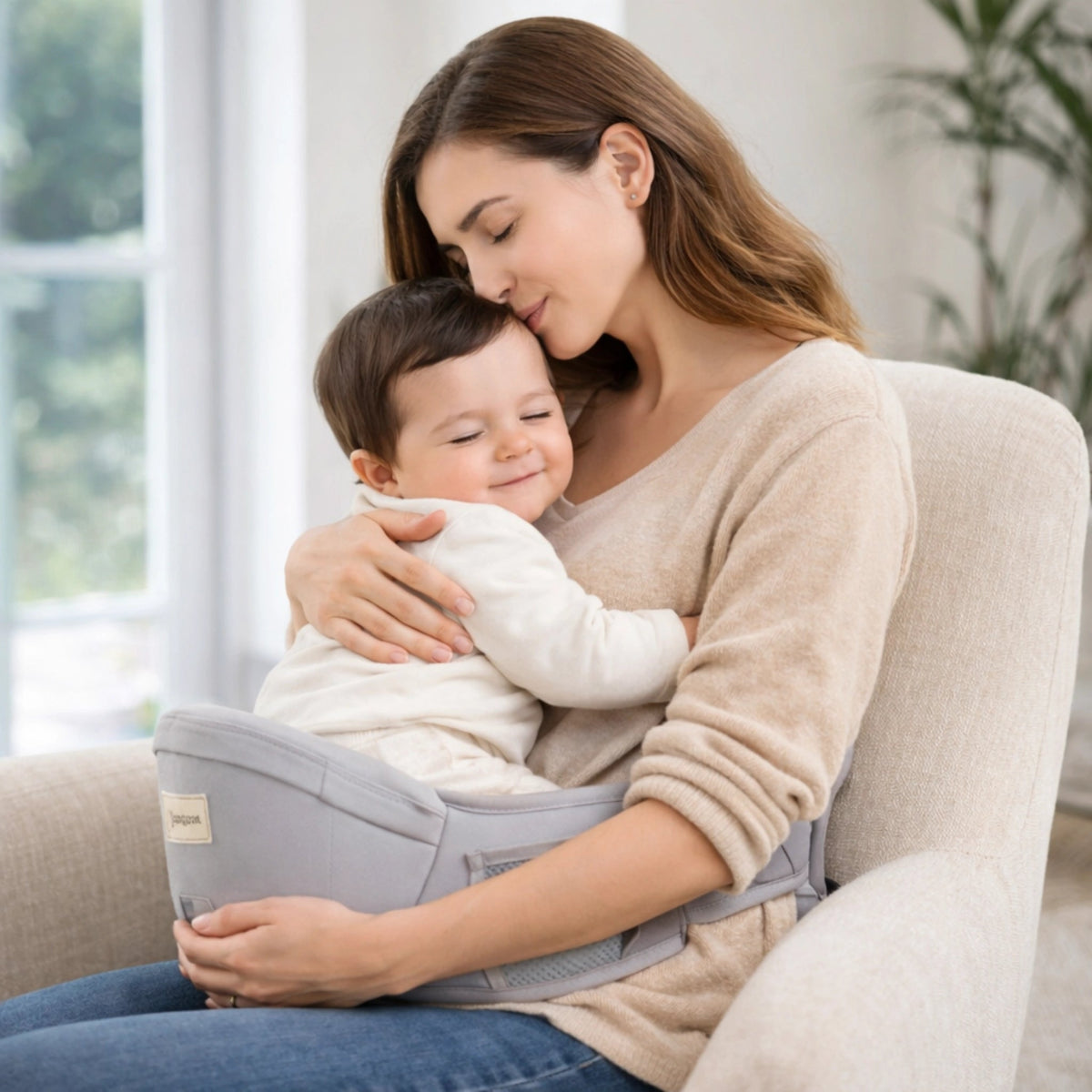 Porte bébé hanche gris ergonomique avec maman tenant bébé en position câline à la maison