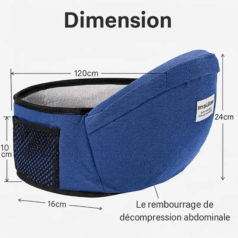 Dimensions du porte-bébé de hanche ergonomique bleu avec rembourrage