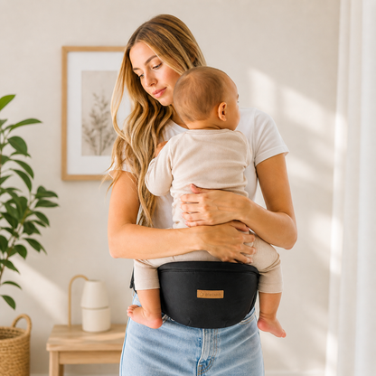 maman portant bébé dans porte bébé hanche noir ergonomique confortable 