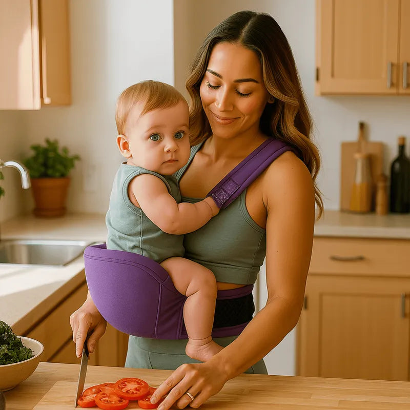 Maman prépare le repas tout en portant bébé avec confort