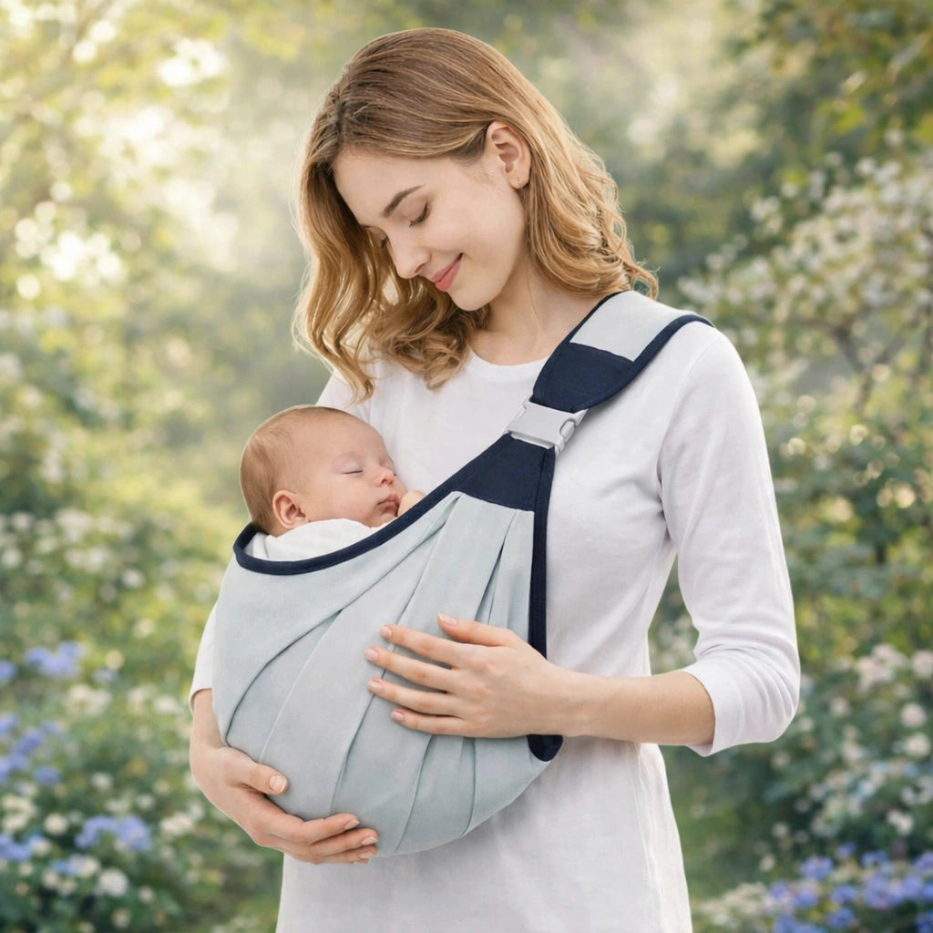 Porte-bébé ergonomique pour nouveau-né avec maman portant bébé endormi en extérieur dans un jardin lumineux