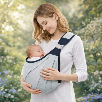 Porte-bébé ergonomique pour nouveau-né avec maman portant bébé endormi en extérieur dans un jardin lumineux