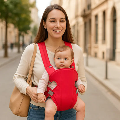 Maman souriante porte son bébé dans un porte-bébé rouge ergonomique en balade en ville