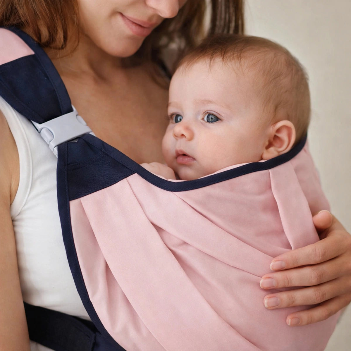 porte-bébé ergonomique sling rose avec maman portant bébé en gros plan portage physiologique