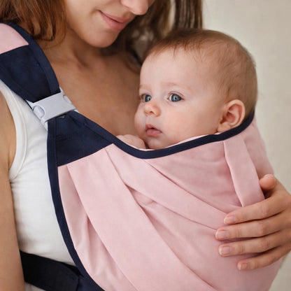 porte-bébé ergonomique sling rose avec maman portant bébé en gros plan portage physiologique