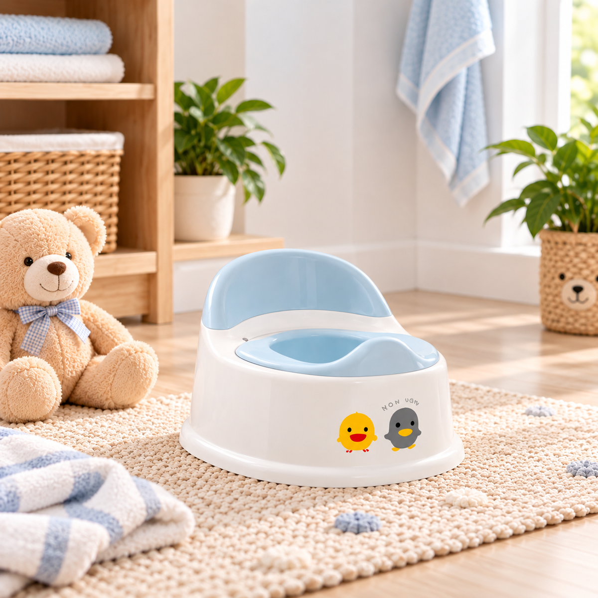 Pot d’apprentissage bébé bleu et blanc avec dossier ergonomique et motifs de poussins, posé sur un tapis beige dans une salle de bain lumineuse.
