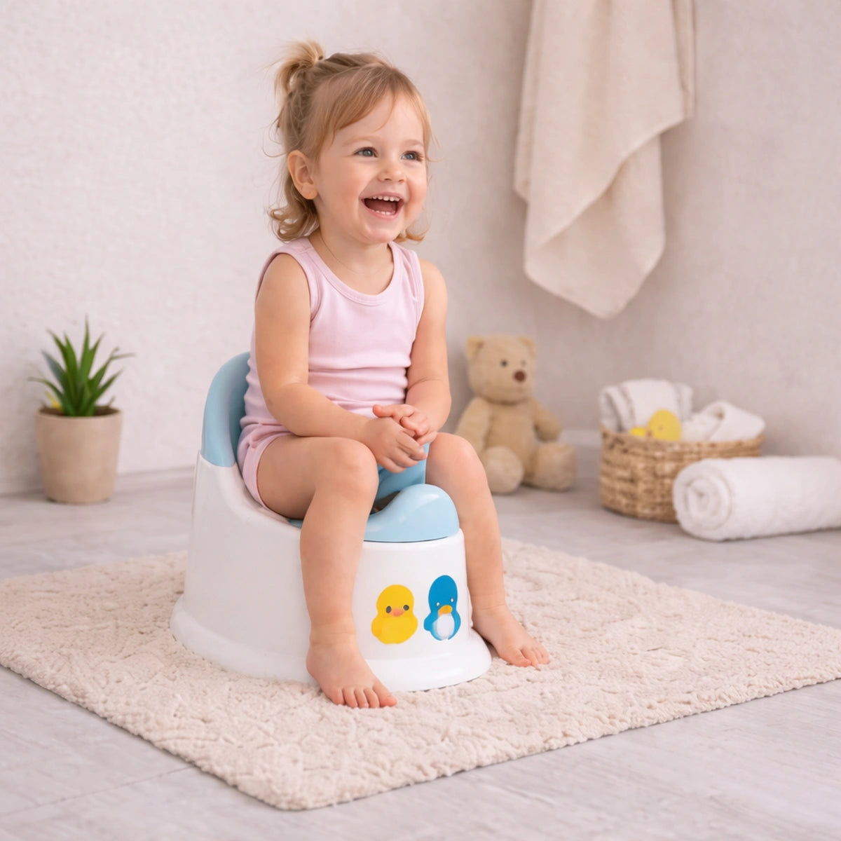 Petite fille souriante assise sur un pot toilette bébé ergonomique